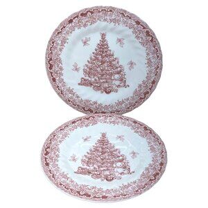 2 Myott Factory Queens Seasons Greetings Red Christmas Tree Salad Plates 8"